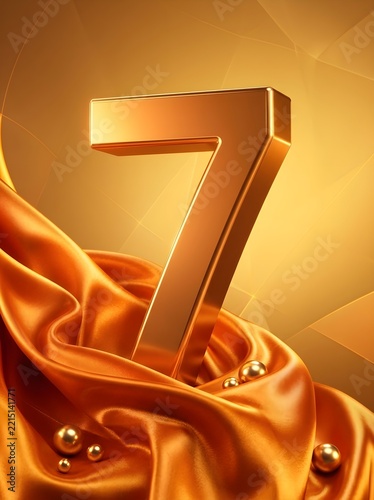 Golden Number Seven on Luxurious Satin Fabric Background