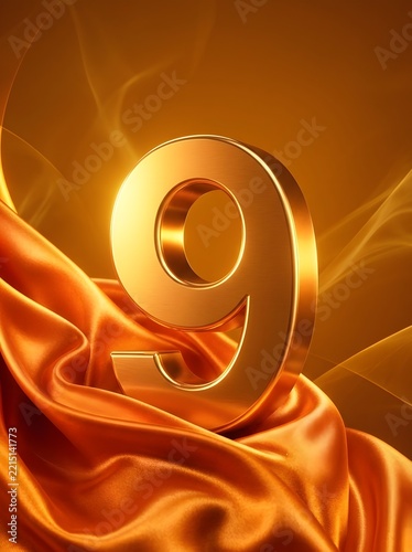 Golden Number Nine on Luxurious Orange Silk Background
