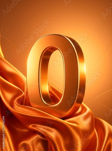 Golden Number Zero on Luxurious Orange Silk Background