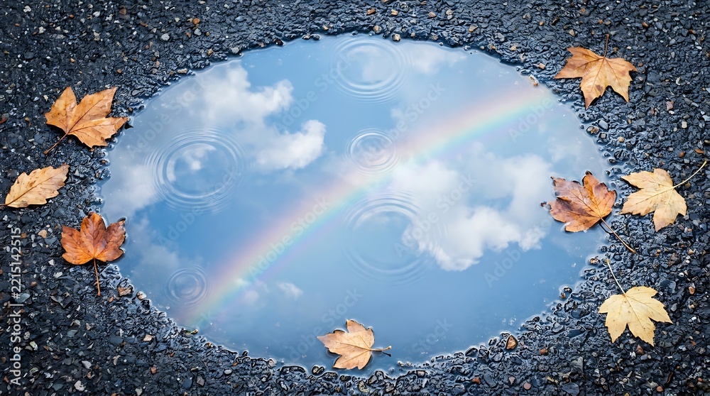 Fototapeta premium Autumn leaves float on puddle reflecting rainbow and clouds on wet asphalt.
