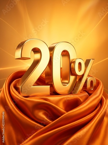 Golden 20% Discount Sign on Luxurious Orange Silk Fabric