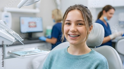 Happy Teenage Girl with Braces Sitting in a Modern Dental Clinic Office