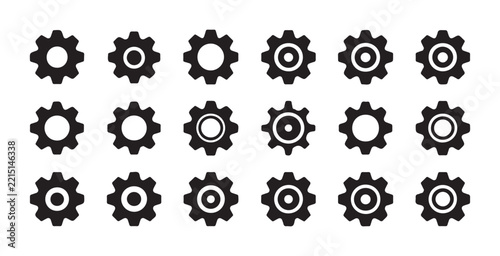 Collection of black cog wheel icons vector graphic, representing industry and technology concepts.