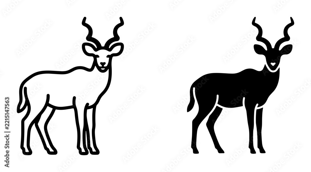 Fototapeta premium Kudu antelope silhouettes set with horns and African wildlife for logo and signage