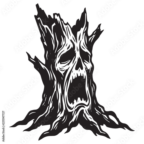 silhouette of a gnarled, lightning-struck oak tree stump resembling a screaming face