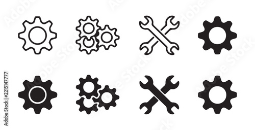 Technical settings and maintenance tool outline icons featuring various gear wheels and wrenches set.