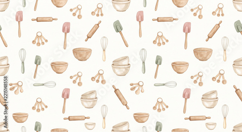 Cute Watercolor Baking Tools Seamless Pattern with Cozy Kitchen Utensils