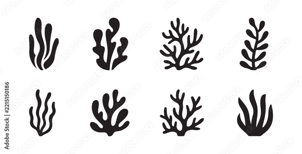 Obraz premium Underwater coral and seaweed black silhouettes collection for marine life and ocean environment art.