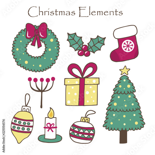 Christmas elements icon set. Featuring wreath, stocking, gift, ornament, and tree in colorful flat design.