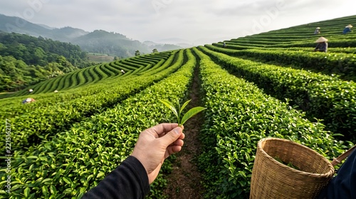 Hand Picking Tea Leaves in a Lush Tea Plantation at Dawn