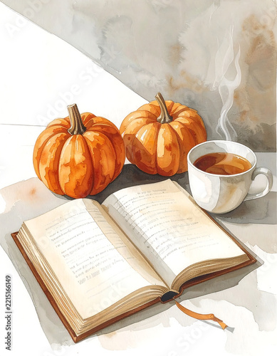 Cozy Autumn Reading with Pumpkins Watercolor Illustration