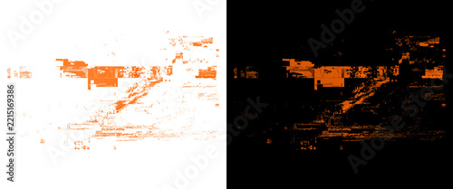 Grunge orange texture overlays on white and black backgrounds, distressed weathered paint splatter effects, abstract industrial glitch background