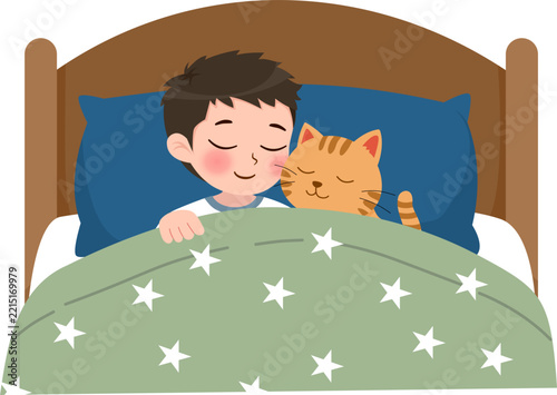 Boy sleeps peacefully in bed with cat. Cat nuzzles him gently, sharing warmth.