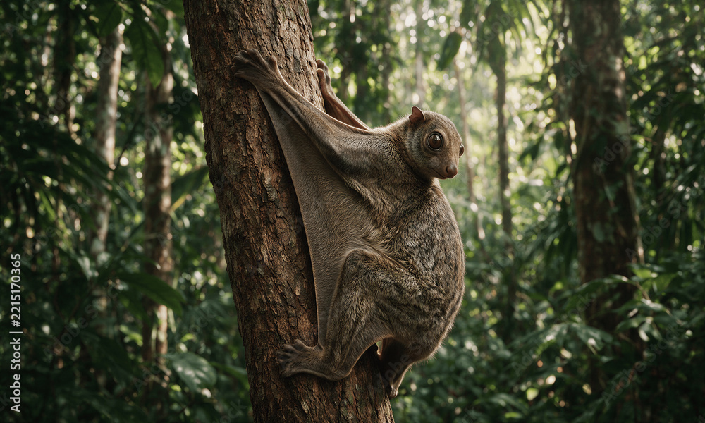 Fototapeta premium Sunda Colugo Resting Against Tree Bark with Folded Gliding Membrane Visible