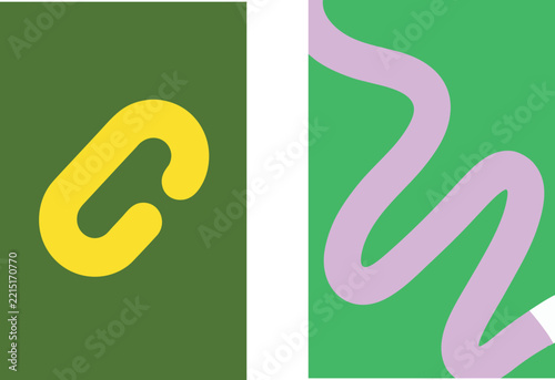 Minimalist Abstract Green Banners Vector with Yellow Oval Loop and Purple Wavy Ribbon