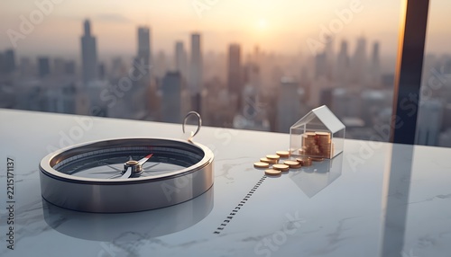 Compass with trail of coins leading to glass house against sunset city skyline, financial planning and homebuying guidance concept