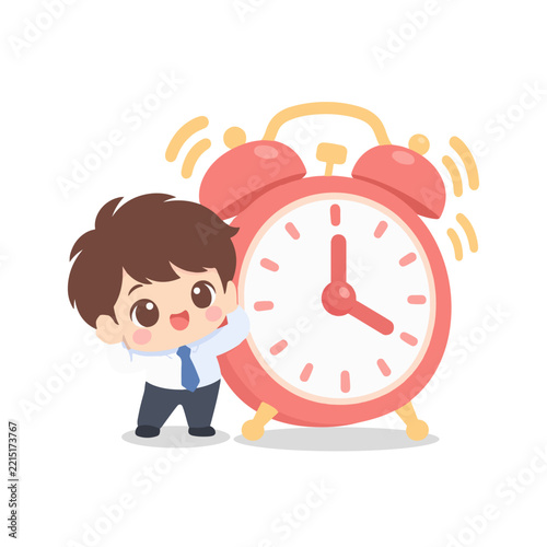 Cute Kawaii Office Worker Covering Ears Beside Giant Alarm Clock Illustration