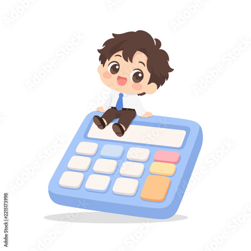 Cute Kawaii Office Worker Sitting on Top of Giant Calculator Illustration