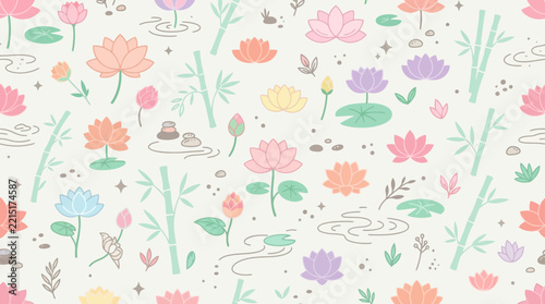 Cute Pastel Lotus Flowers and Bamboo Pattern - Transparent Background
