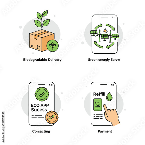 EcoFriendly App Features Biodegradable Delivery Green Energy Success and Payment.
