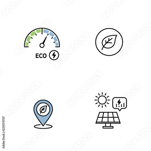 EcoFriendly Energy Icons Solar Power Efficiency and Green Location.