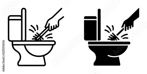 Toilet cleaning line icons set with brush and hand for hygiene and sanitation