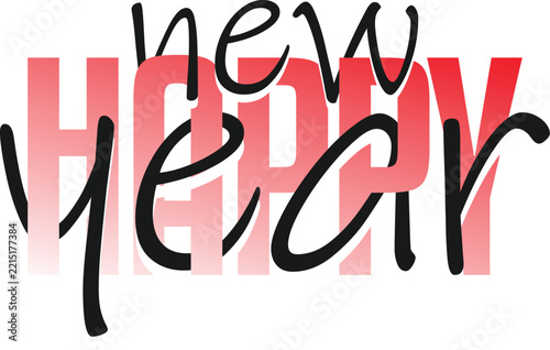 Happy new year text overlay with red block letters and black script