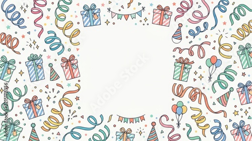 Hand drawn birthday celebration party background with gift boxes balloons confetti streamers and cute festive elements vector illustration