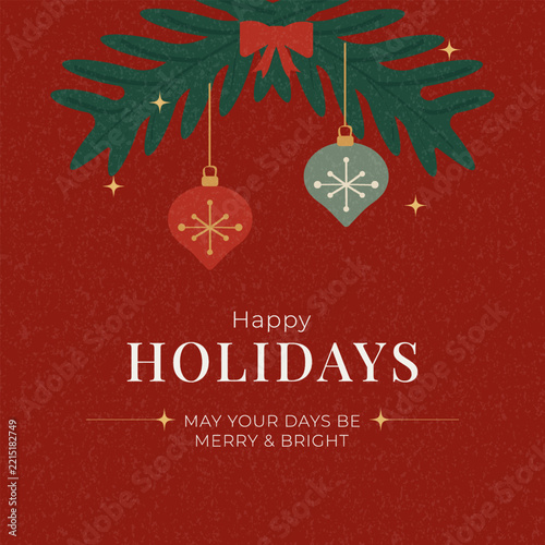 Christmas poster with spruce branches and hanging ornaments