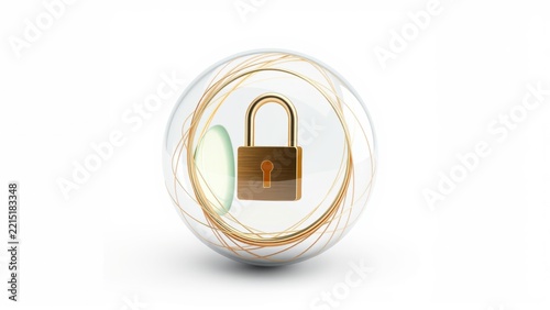 Golden padlock inside transparent sphere. Security concept, digital protection, data safety illustration. Minimalist design, clean aesthetic.