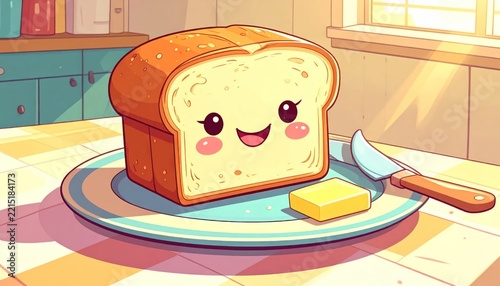 Cartoon bread smiling on plate with butter.