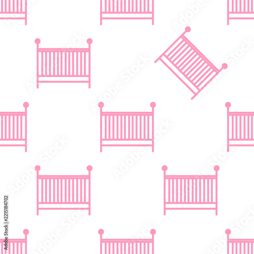 Seamless pattern of baby cribs, baby goods background, pink
