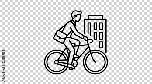 Man cycling to work with briefcase, urban commute, line art, transparent background
