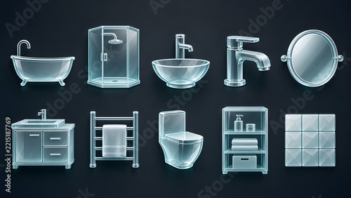 3D Transparent Glass Bathroom Fixtures and Sanitaryware Icon Set