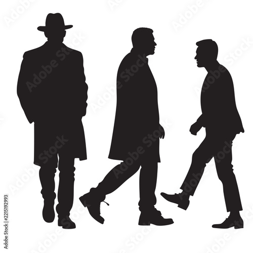 Three male silhouettes walking forward against a white background pedestrian