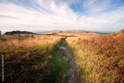 Chemin de randonnée traversant les Monts d'Arrée dans le Finistère en région Bretagne, secteur du Roc'h Trevezel