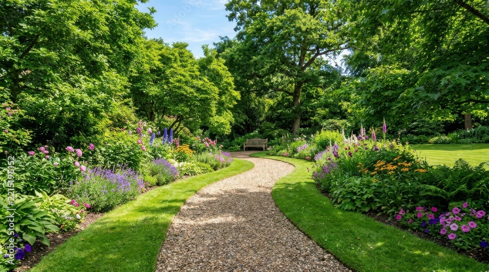 Fototapeta premium Serene English Country Garden Landscape Featuring A Winding Gravel Pathway Lush Green Lawns Vibrant Blooming Flower Beds And Mature Shade Trees