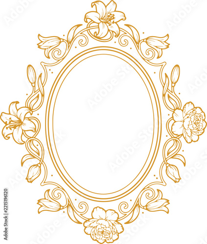 Ornate vintage gold floral oval frame with elegant botanical line art
