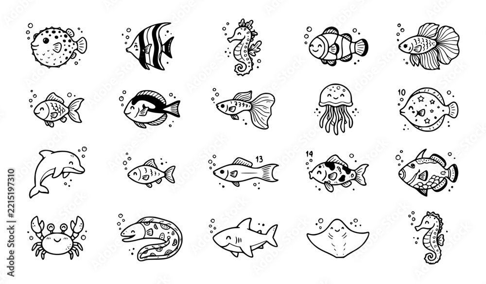 Obraz premium Hand Drawn Cute Fish Outline Icons Black White Vector Set