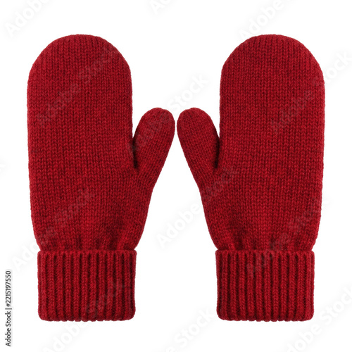 Obraz na plátně Pair of red knitted winter wool mittens
