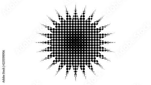 Halftone starburst shape made of black dots. Dotted comic explosion badge, spiky sunburst sticker, pop art burst element with fading rays isolated on white background. Image