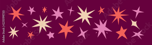Retro star sparkles vector banner. Cute hand drawn Christmas starbursts, cosmic sparks and festive shapes. Modern holiday decorative print on dark burgundy background.