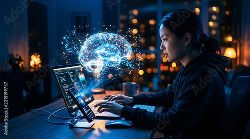 Focused professional working on laptop with futuristic brain hologram and digital network particles