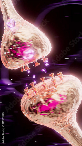 Conceptual 3D illustration of GABA neurotransmission in neurons