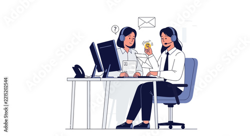 Customer service team working at computers, helping client
