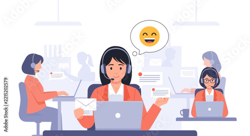 Customer service team, smiling, positive communication, call center operators