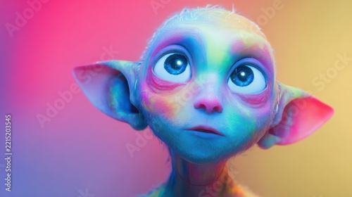 Happy elf character with glowing skin, vibrant colors, minimal background, modern fantasy style