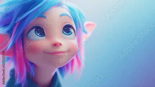 Happy elf character with glowing skin, vibrant colors, minimal background, modern fantasy style
