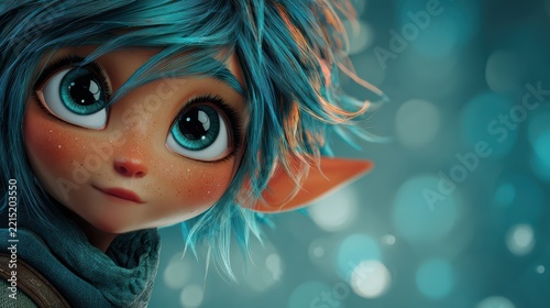 Happy elf character with glowing skin, vibrant colors, minimal background, modern fantasy style