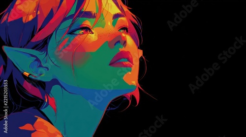 Happy elf character with glowing skin, vibrant colors, minimal background, modern fantasy style